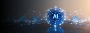 A glowing digital sphere labeled “AI,” connected by a network of lines and nodes, representing artificial intelligence enhancing technology and customer experience.