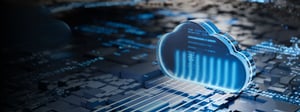 A digital cloud icon appears above a data center-style grid with glowing data streams, representing the transition from on-premises infrastructure to cloud computing environments.